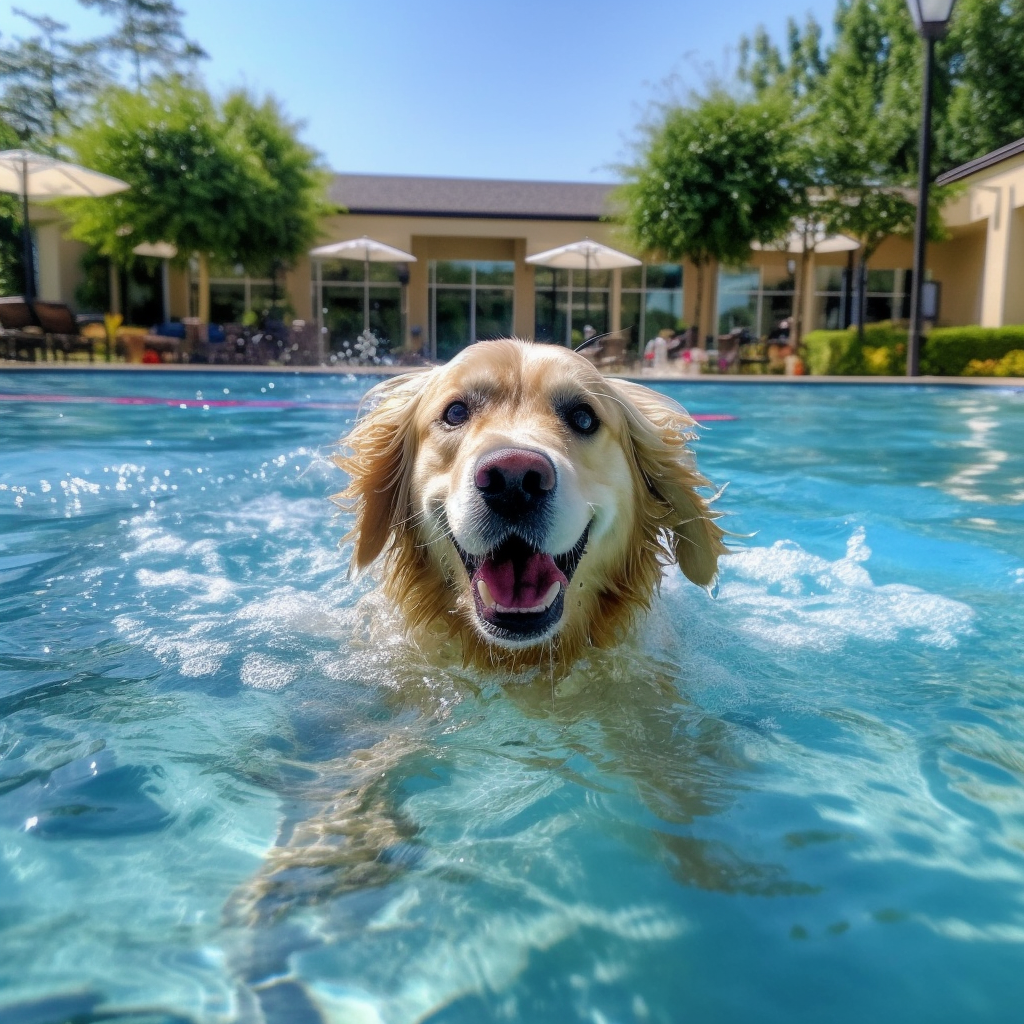 hund schwimmt im pool cm