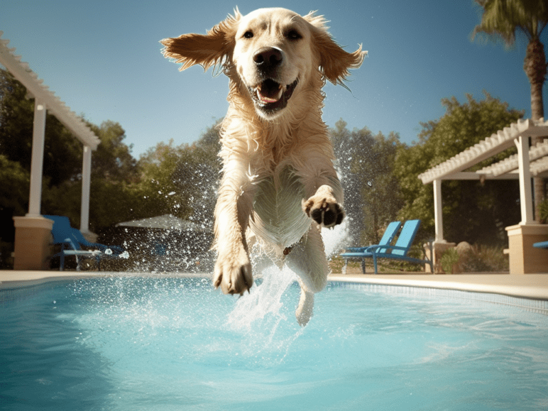 hund springt in pool