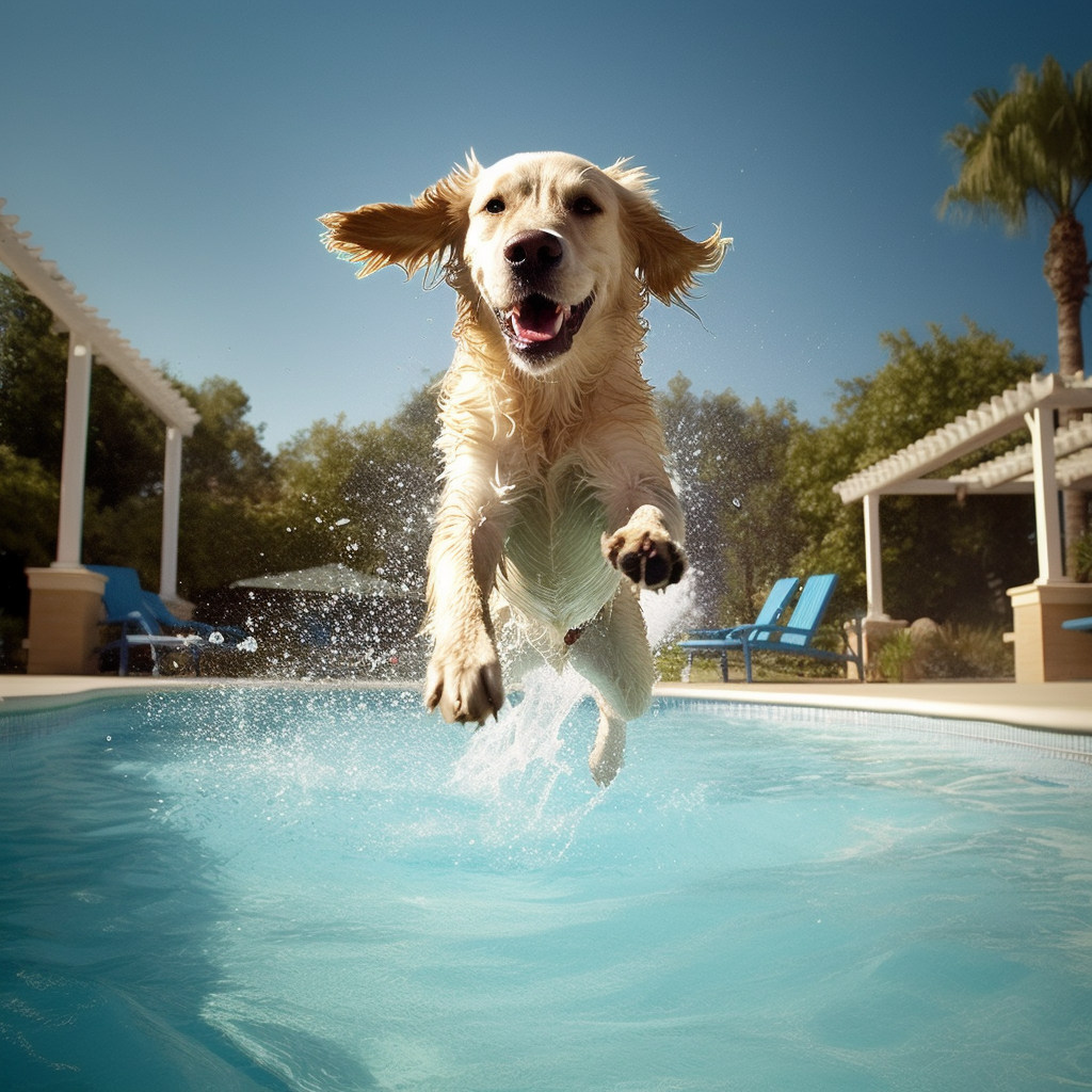 hund springt in pool